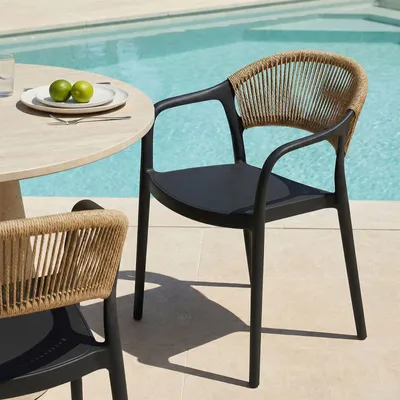 Produktbild von Gartenstuhl NARCISO 6er Set stapelbar, schwarz - wetterfeste Outdoor Stühle, Rückenlehne mit Rope-Detail, UV-beständig für Balkon & Terrasse, Gartenmöbel modernes design