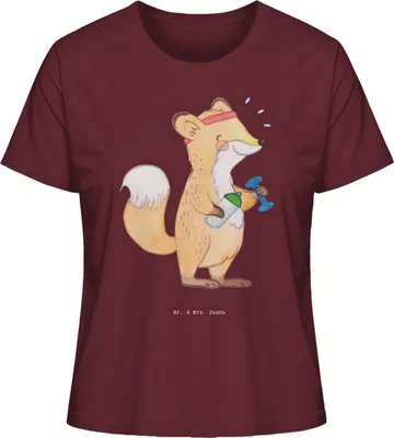 Produktbild von Mr. & Mrs. Panda Basic Shirt Damen Fuchs Fitness Größe XL - Burgundy - Geschenk, Baumwoll T-Shirt, Sommershirt, Kraftsport, Sport, Sportclub, Oberteil, Fitnessstudio