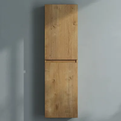 A tall, narrow wooden cabinet mounted on a gray wall.