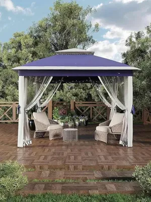 Obrázok produktu pre Pop-up pavilón – Skladací záhradný pavilón s moskytiérkou – Vodotesný – Odolný voči UV žiareniu – Rýchla montáž – Tmavomodrá béžová farba