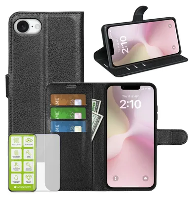 Obrázek produktu pro Pouzdro na mobil + ochranné sklo pro Apple iPhone 17e / 16e – skládací pouzdro z umělé kůže 9H