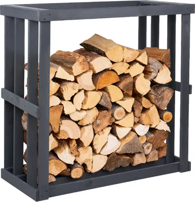 A firewood rack filled with logs, presented against a white background.