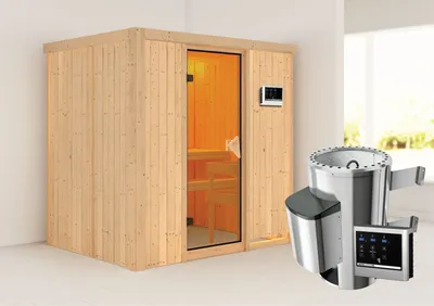 Produktbild von Karibu Sauna Innensauna Fanja Fronteinstieg Ofen 3,6 kW externe Strg.easy 196x151x198 cm ohne Dachkranz mit Bronzierter Tür