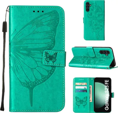 Produktbild von Lederhülle für Samsung Galaxy S23 FE Schmetterling Prägung Flip Ledertasche Kartenfächer Handyhülle mit Ständer Grün