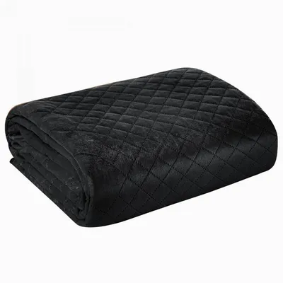 A folded black quilted blanket on a white background.