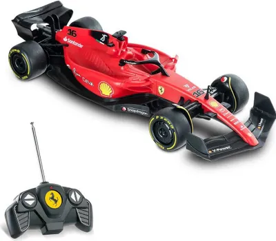 A red remote-controlled Ferrari F1 car and its controller are shown against a white background.