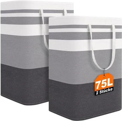 Produktbild von Unyqoos® 2er-Set faltbare Wäschekörbe 75 L – Polyester/Baumwolle mit PE-Beschichtung, verstärkte Tragegriffe, großer Wäschesammler für Bad, Schlafzimmer & Kinderzimmer