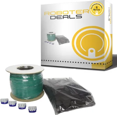 A product shot of a kit for robotic lawnmowers, including a spool of wire, connectors, and a bag of stakes, with packaging in the background.