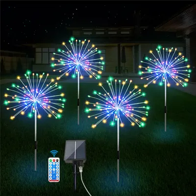 Produktbild von 4 Stück 120 LED Solar Feuerwerk Lichterkette 8 Lichtmodi Pusteblume Gartenleuchten mit Fernbedienung, Bunt