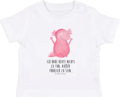 Produktbild von Mr. & Mrs. Panda Babyshirt Axolotl Hurra 0. - 6. Monat - Weiß - Geschenk, Kinder Top, T-Shirt, Baby  Shirt, Kurzarmshirt, Freude, Lurch, Zufriedenheit, Motivation