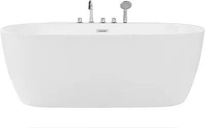 Produktbild von BELIANI Badewanne Weiß Acryl Oval 170x80 cm Freistehend mit Armatur Überlauf Ablauf mit Klickverschluss Skandinavisch Modern Badezimmer Ausstattung