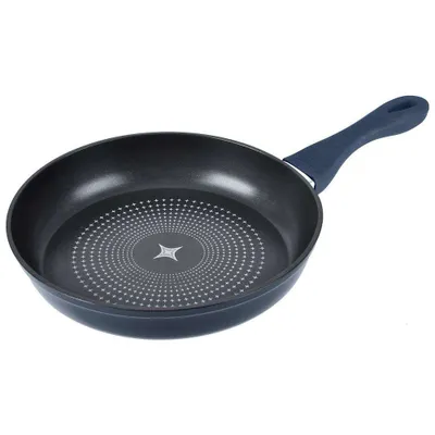A black frying pan with a blue handle is shown against a white background.