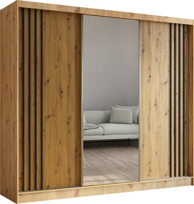 Produktbild von ALTDECOR Kleiderschrank mit Spiegel und Schiebetüren, kugelgelagerte Führungsschienen und Aluminium-Leisten - NALLA - 240 cm (Artisan + Artisan + Schwarz)