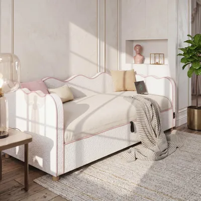 Image de Lit de jour hydraulique 90 x 200 cm, lit rembourré, canapé-lit avec rangement et prise USB, dossier rembourré, bouclé beige, lit pour adolescent