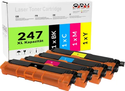 A set of four toner cartridges for a laser printer, with their packaging in the background.