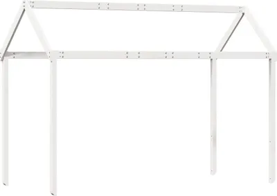 A white wooden frame for a children's bed, shaped like a house.
