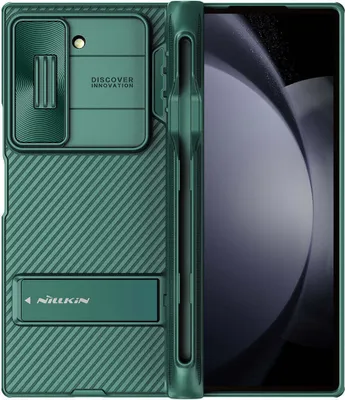 A dark green phone case with a camera cover and kickstand is shown on a white background.