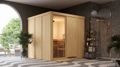 Produktbild von Karibu Sauna Innensauna Rodin Fronteinstieg ohne Zubehör 196x196x198 cm ohne Dachkranz mit Klarglastür