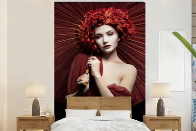 Produktbild von MuchoWow® Fototapete für Wohnzimmer oder Schlafzimmer Wandtapete Vinyl Motivtapete Frau - Rot - Porträt - Regenschirm - 225x350 cm - Schlafzimmer tapete