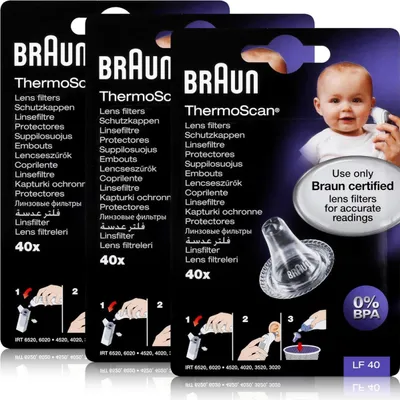 Packaging for Braun ThermoScan lens filters displayed in a collage.
