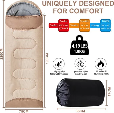 Image de （220*75cm，Marron clair）Sac de couchage Equipement de camping Imperméable Sac de couchage couverture Amovible Lavable Respirant Doux pour le camping en plein air Randonnée Ouverture droite1.9kg