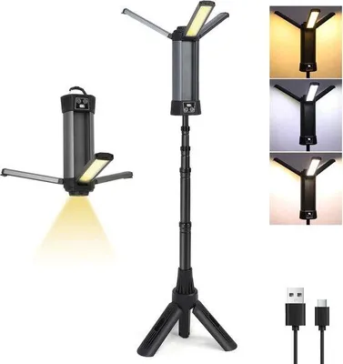 Productafbeelding van LED-werklamp met statief, 2000 lumen - 3000/6000K - 5 modi, 3 helderheidsniveaus - Zonne-energie en oplader - Draadloos