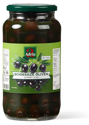 Obrázek produktu pro Adria černé olivy černé s peckami ve slaném nálevu 935ml