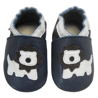 Produktbild von BEMESU® Baby Krabbelschuhe aus Echtleder, weiche Lauflernschuhe für Mädchen&Jungen, rutschfeste Ledersohle, Dunkelblau, Löwenmotiv,Größe S(0–6 Monate)