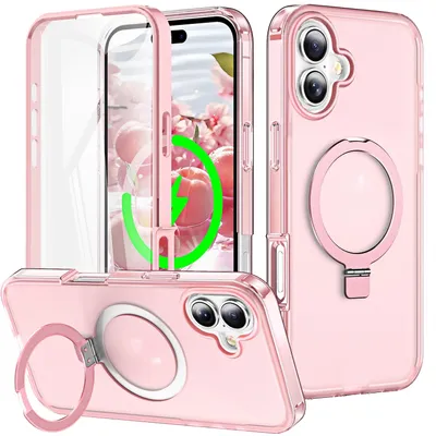 Immagine prodotto di Per Apple iPhone 16 Plus Pelle smerigliata Feel MagSafe Ring Holder 360 gradi Custodia Rosa