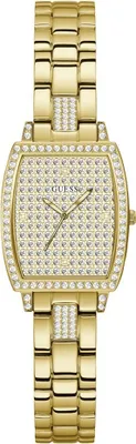 A close-up studio shot of a gold-colored Guess watch with diamond-like embellishments.