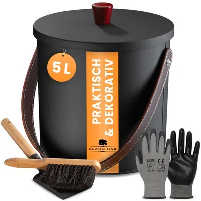 Produktbild von BLACK OAK Ascheeimer TOBA 5L – schwarz mit Deckel, Feger, Schaufel & Handschuhen