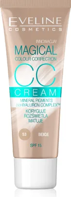A product shot of a CC cream tube against a light beige and white background.