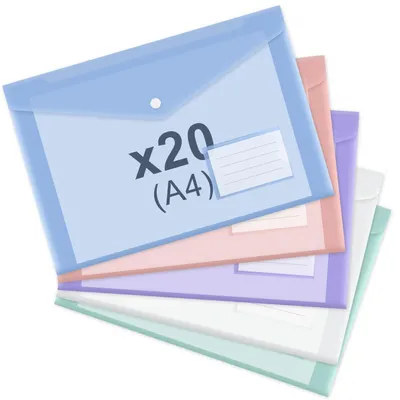 Productafbeelding van Documentenmappen A4, geschikt om documenten in te stoppen, 20 stuks, 5 kleuren, met drukknop en etiketvak