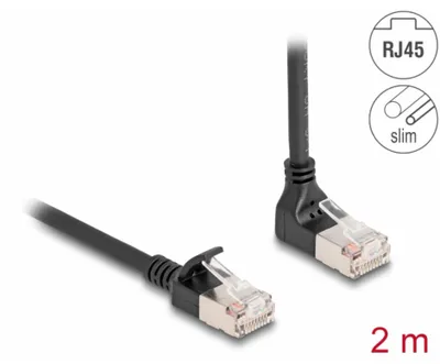 Productafbeelding van Delock - Netwerkkabel - RJ-45 (M) naar opwaarts gebogen RJ-45 (M) recht - 2 meter - 4,5 mm - S/FTP - CAT 6a - afgeschermd, halogenvrij - Zwart