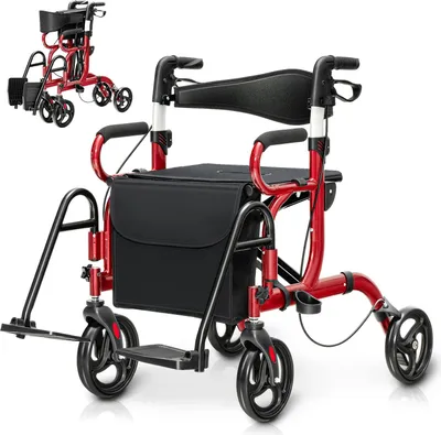 Produktbild von GOPLUS 2 in 1 Rollator faltbar, Gehhilfe mit einstellbarer Höhe, Rückenlehne, Sitz & Tasche, Laufhilfe Gehwagen aus Alu bis 160 kg, für Senioren (Rot)