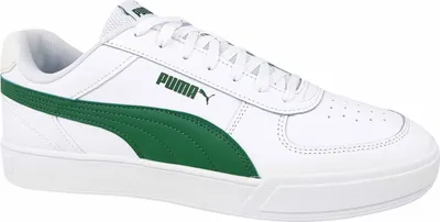A white Puma Caven sneaker with a green stripe on the side.
