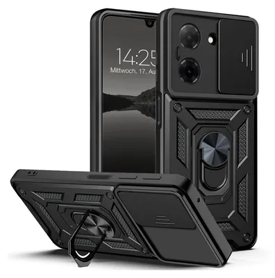 A black phone case with a ring holder and camera cover is shown from multiple angles.
