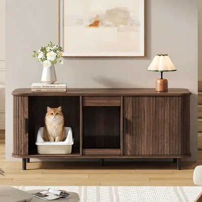 Produktbild von Flieks Kommode Sideboard mit Schiebetüren, Katzentoilettenschrank Haustierschrank mit Streuauffangmatte, 140x50x60 cm, Walnut