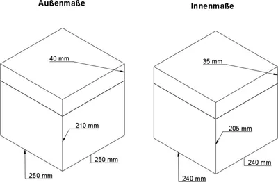 Diagrams showing the outer and inner dimensions of a cube-shaped case.