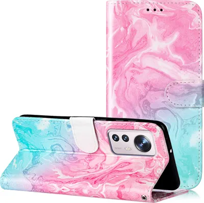 Produktbild von CLM-Tech Hülle kompatibel mit Xiaomi 12 Pro - Tasche aus Kunstleder - Klapphülle mit Ständer und Kartenfächern, Marmor rosa türkis