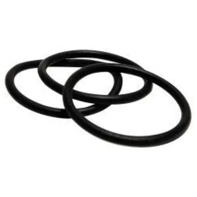 Three black O-rings are arranged in a pile on a white background.
