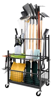 Produktbild von Gartengerätehalter 652 x 403 x 990 mm Geräteorganisator aus Kohlenstoffstahl mit 16 Schlitzen und 18 Haken