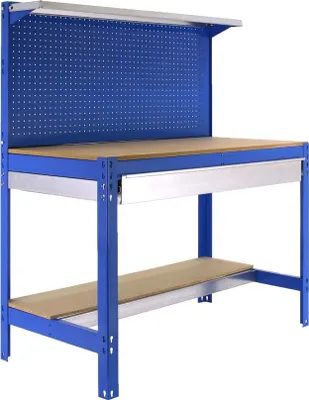 Produktbild von PROREGAL Werkbank BUFFALO mit Werkzeugwand, Schubfach und Ablage | HxBxT 84x150x61cm | Traglast 600kg | Blau