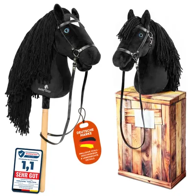 Produktbild von HobbyJumpy Premium Hobby Horse, Steckenpferd mit realistischen Augen & Stall‑Karton –in Schwarz