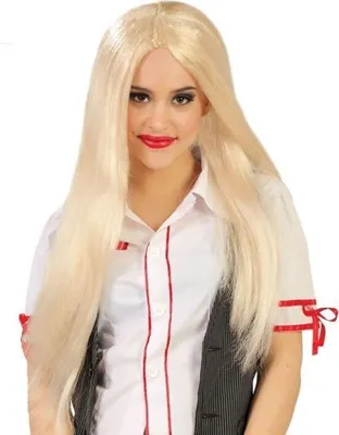 A woman wearing a blonde wig and a white shirt with red trim.