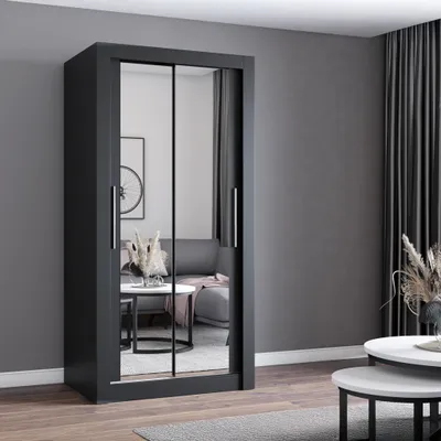 Produktbild von Kleiderschrank Schwebetürenschrank Schrank 100cm Schwarz/Schwarz mit zwei Spiegeln  MILAN