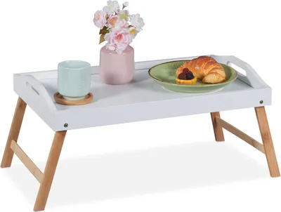Immagine prodotto di Vassoio da letto pieghevole Relaxdays, vassoio da pranzo con piedini, colazione a letto, bambù e MDF, dimensioni: 24x55,5x30 cm, bianco/naturale
