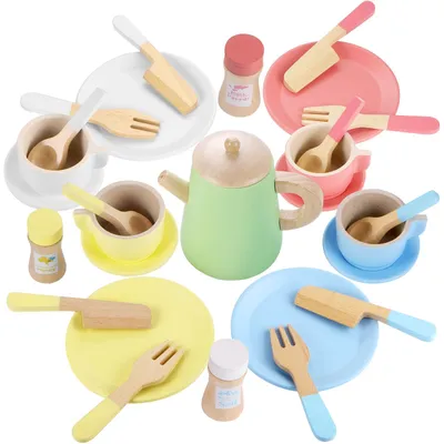 Produktbild von Kinder Geschirr-Set aus Holz, Spielküchen-Zubehör mit Teller und Besteck, mit Holzständer