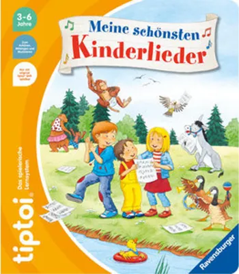 Children and animals in a meadow setting with a river, likely illustrating a children's songbook.