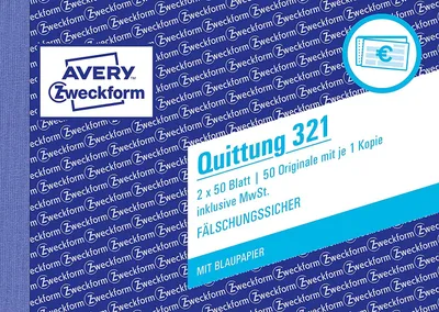 Image de Avery Zweckform® 321 Reçu TVA incl. - A6 horizontal, MP, BL, infalsifiable, 2 x 50 feuilles, blanc